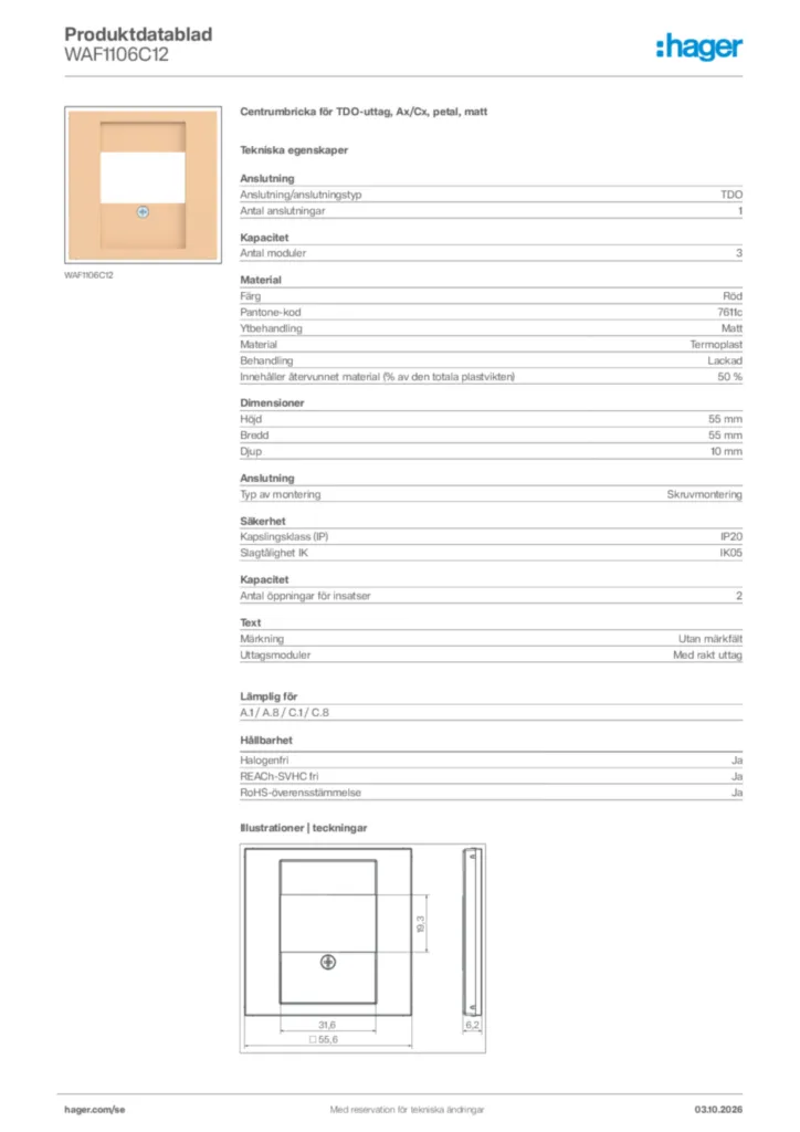 Bild Hager Produktdatablad WAF1106C12 | Hager Sverige