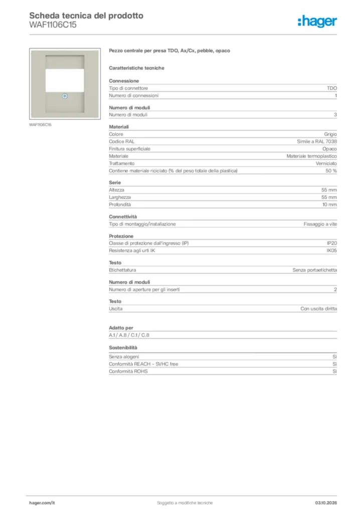 Immagine Hager Scheda tecnica del prodotto WAF1106C15 | Hager Italia