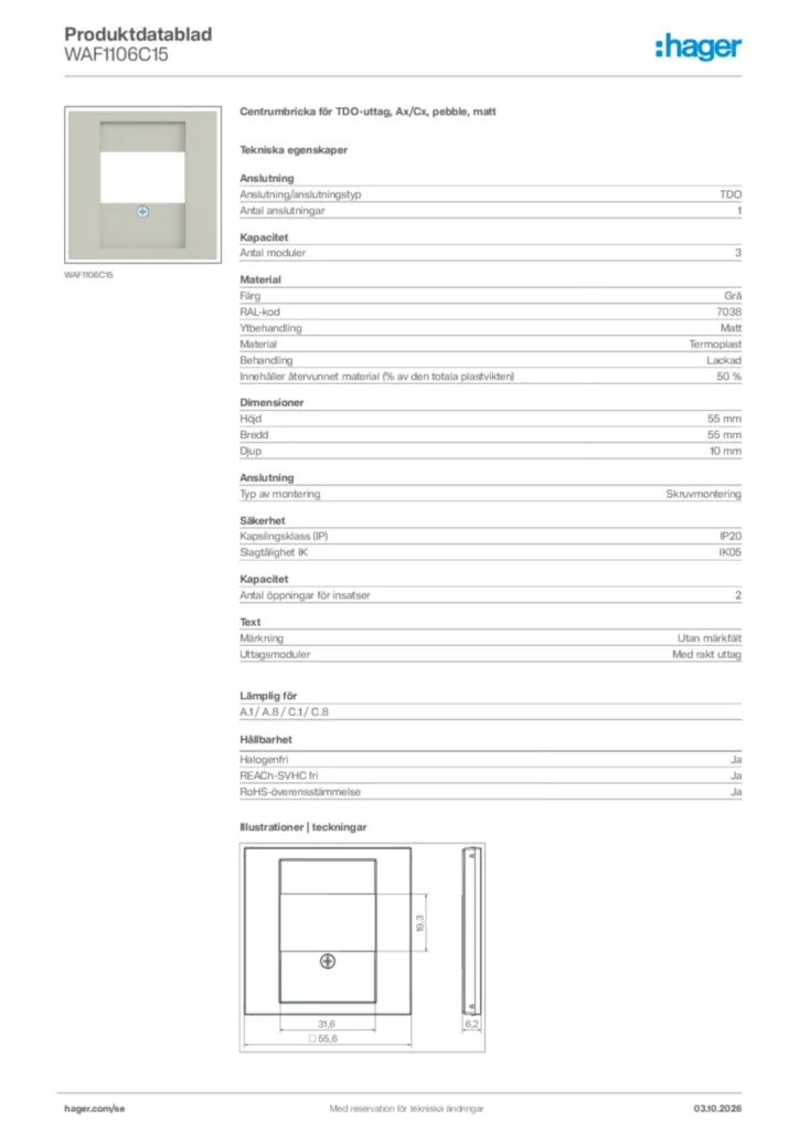 Bild Hager Produktdatablad WAF1106C15 | Hager Sverige