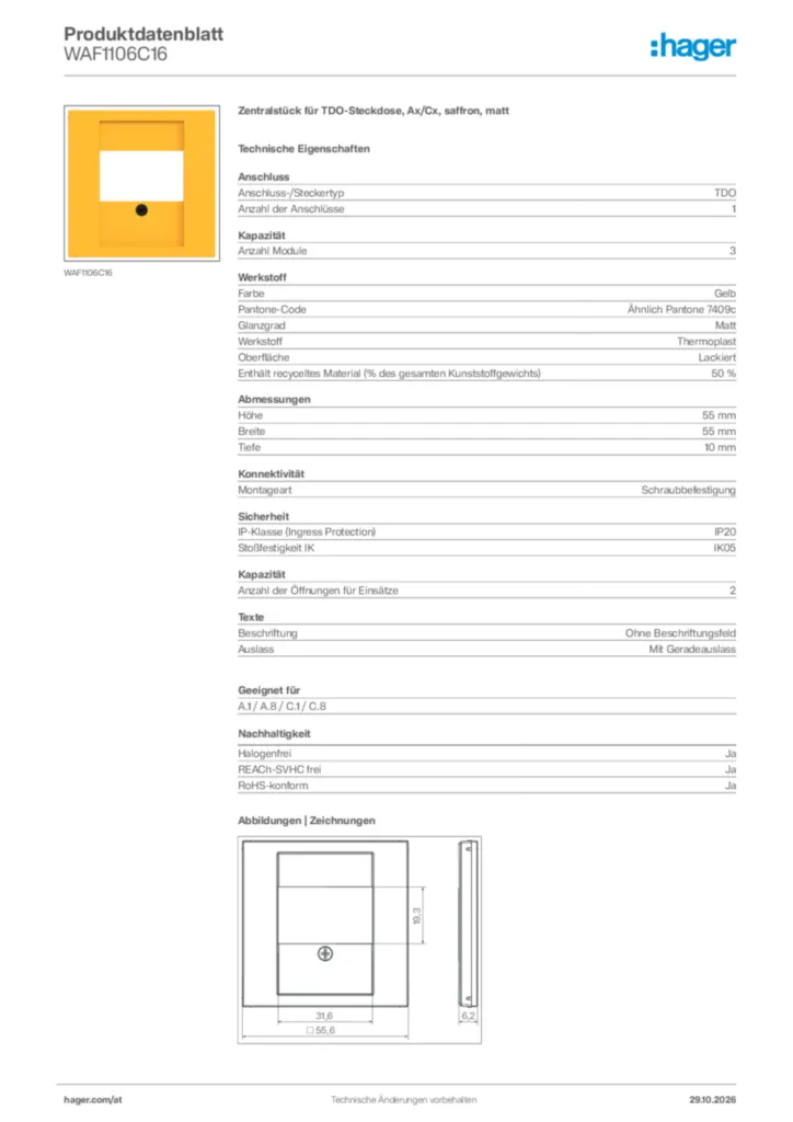 Bild Hager Produktdatenblatt WAF1106C16 | Hager Deutschland