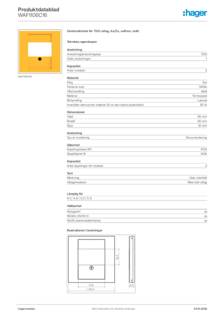 Bild Hager Produktdatablad WAF1106C16 | Hager Sverige