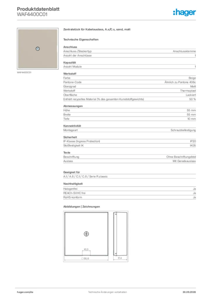 Bild Hager Produktdatenblatt WAF4400C01 | Hager Deutschland
