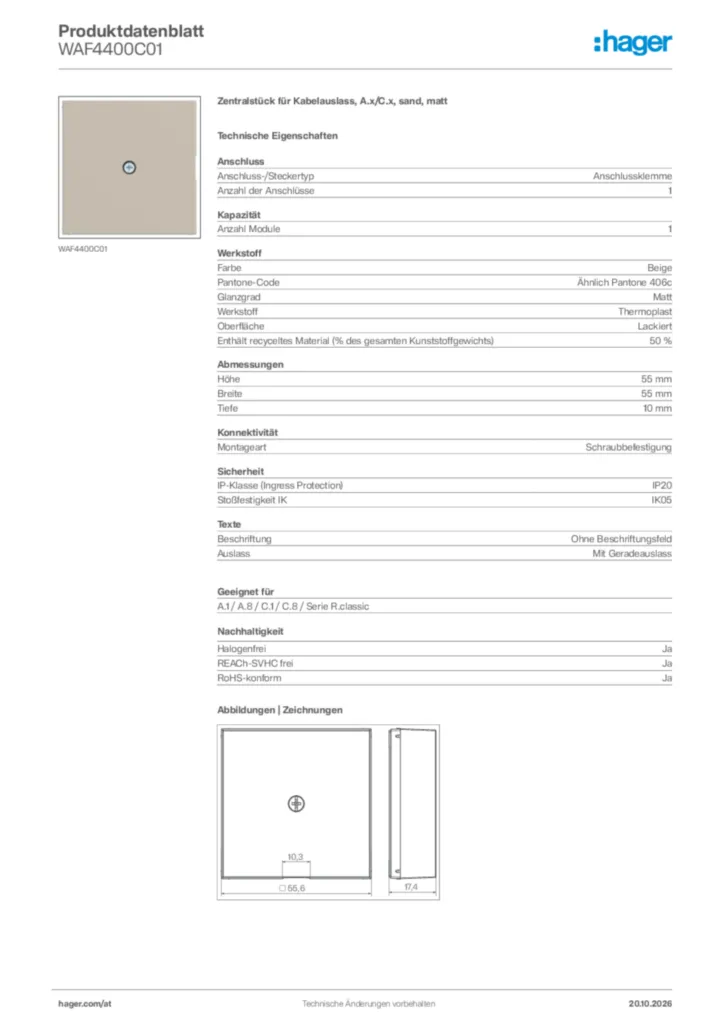 Bild Hager Produktdatenblatt WAF4400C01 | Hager Deutschland