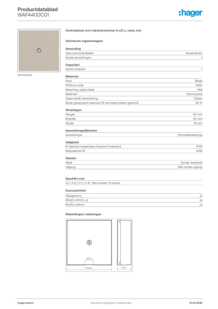 Afbeelding Hager Productdatablad WAF4400C01 | Hager Nederland