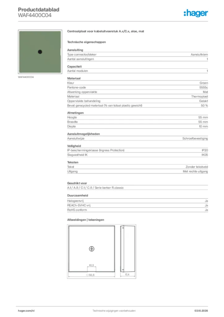 Afbeelding Hager Productdatablad WAF4400C04 | Hager Nederland