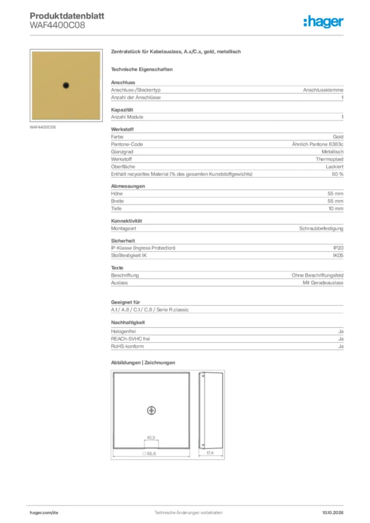 Bild Hager Produktdatenblatt WAF4400C08 | Hager Deutschland