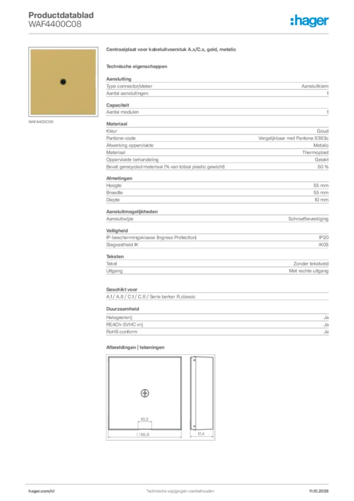 Afbeelding Hager Productdatablad WAF4400C08 | Hager Nederland