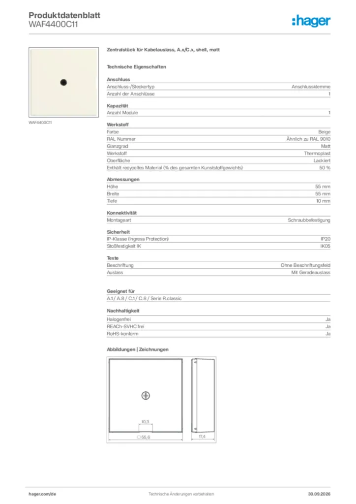 Bild Hager Produktdatenblatt WAF4400C11 | Hager Deutschland