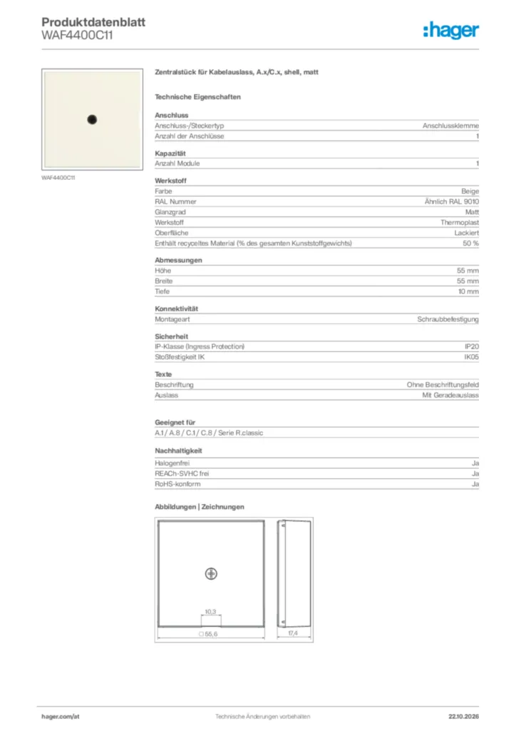 Bild Hager Produktdatenblatt WAF4400C11 | Hager Deutschland