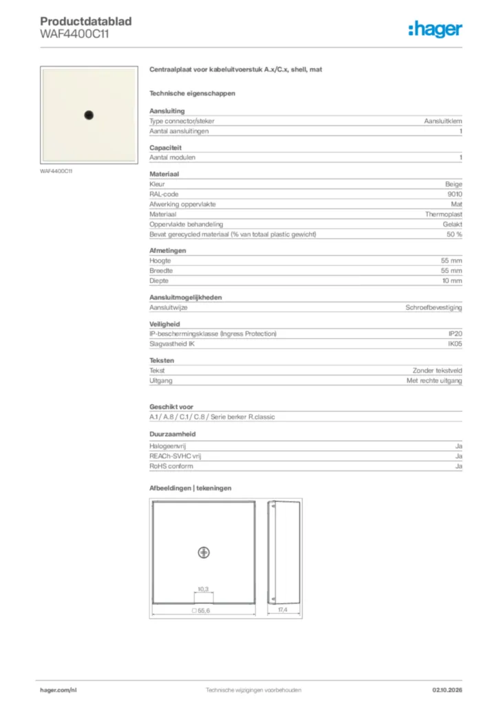 Afbeelding Hager Productdatablad WAF4400C11 | Hager Nederland