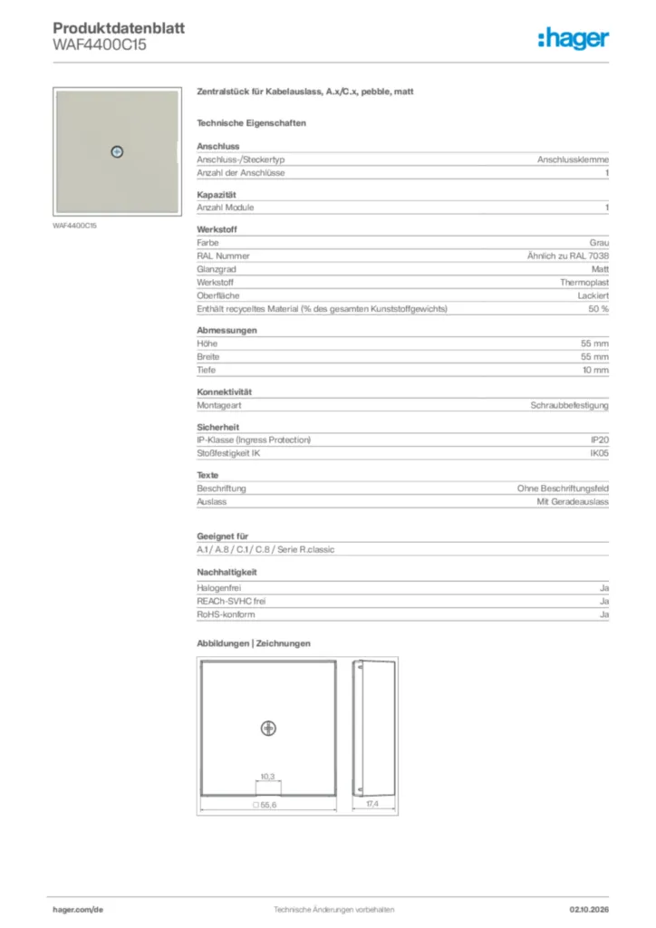 Bild Hager Produktdatenblatt WAF4400C15 | Hager Deutschland