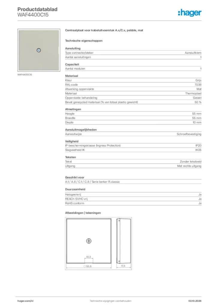 Afbeelding Hager Productdatablad WAF4400C15 | Hager Nederland