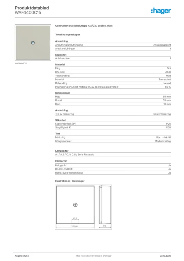 Bild Hager Produktdatablad WAF4400C15 | Hager Sverige