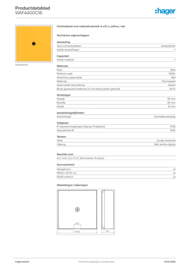 Afbeelding Hager Productdatablad WAF4400C16 | Hager Nederland