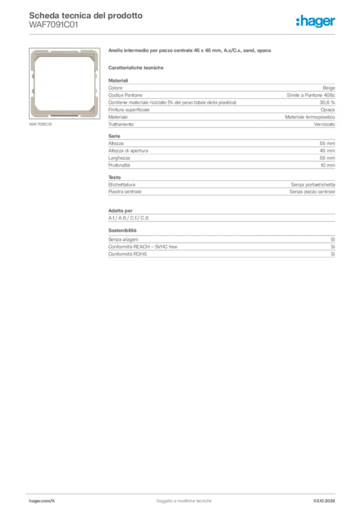Immagine Hager Scheda tecnica del prodotto WAF7091C01 | Hager Italia