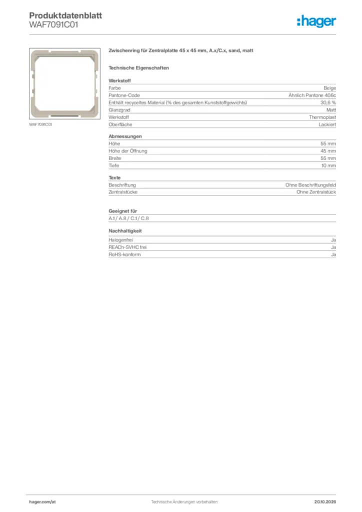Bild Hager Produktdatenblatt WAF7091C01 | Hager Deutschland