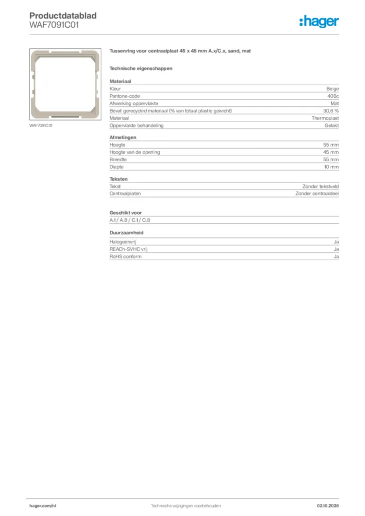 Afbeelding Hager Productdatablad WAF7091C01 | Hager Nederland