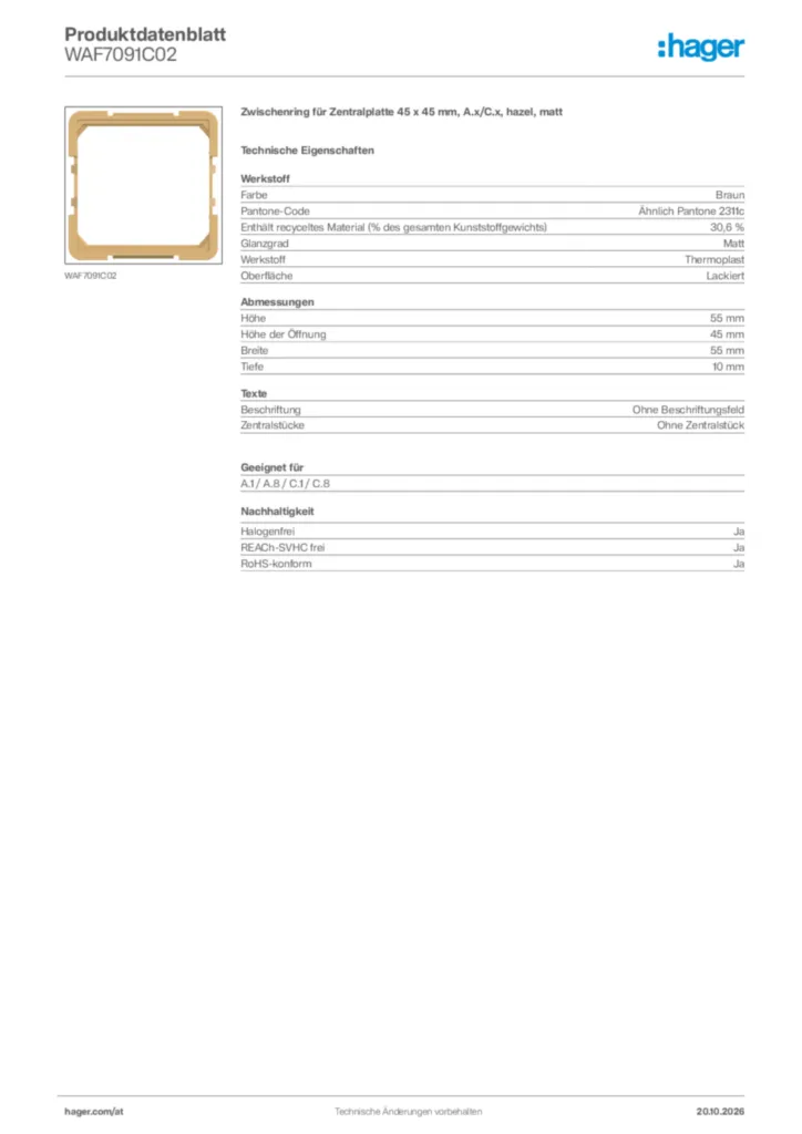 Bild Hager Produktdatenblatt WAF7091C02 | Hager Deutschland