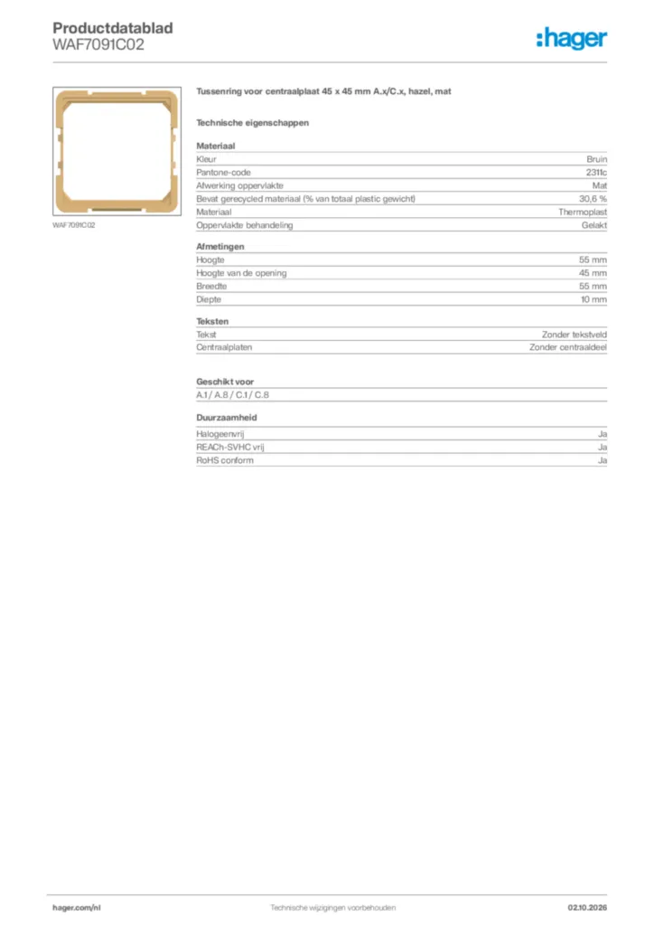 Afbeelding Hager Productdatablad WAF7091C02 | Hager Nederland