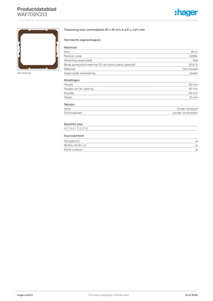 Afbeelding Hager Productdatablad WAF7091C03 | Hager Nederland