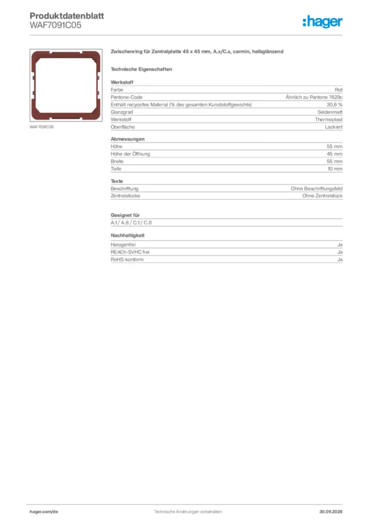 Bild Hager Produktdatenblatt WAF7091C05 | Hager Deutschland