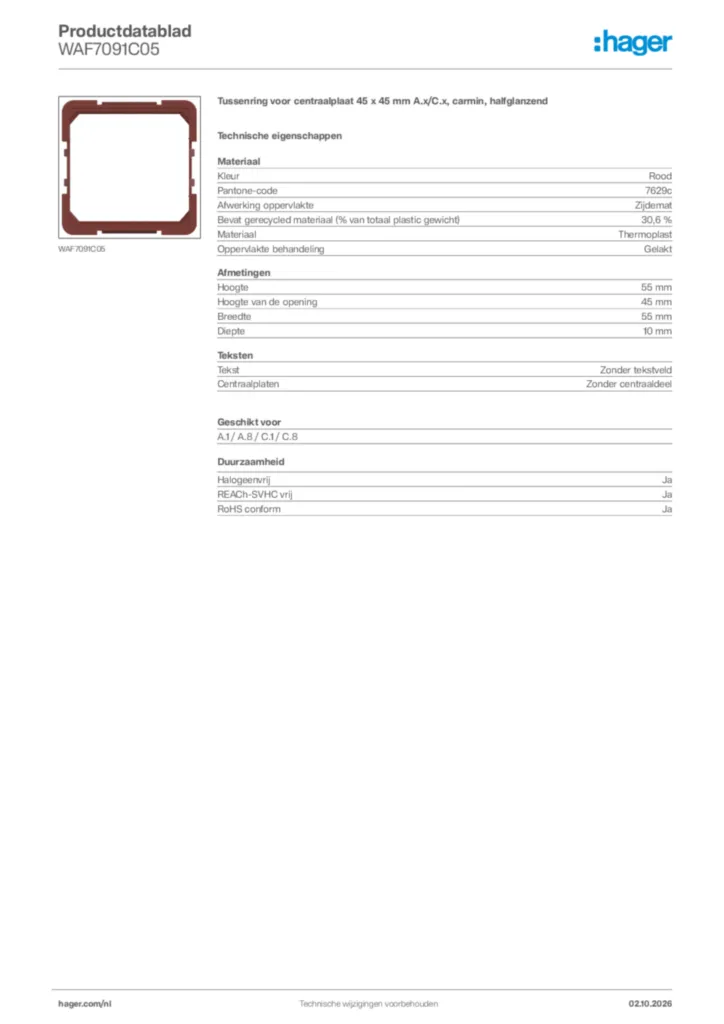 Afbeelding Hager Productdatablad WAF7091C05 | Hager Nederland