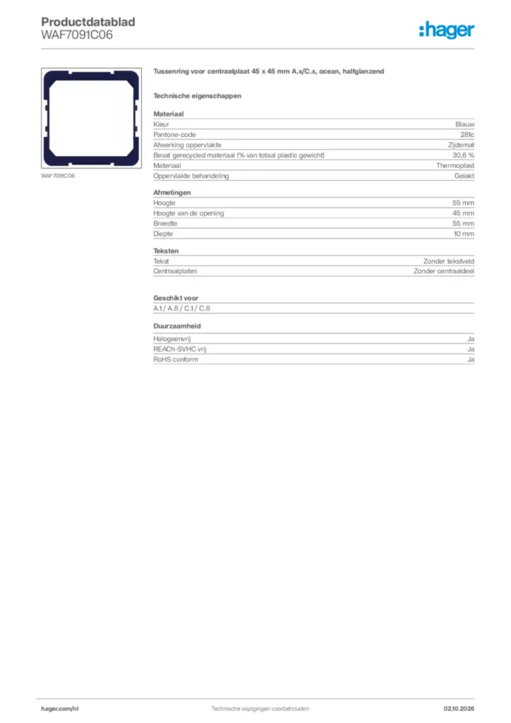 Afbeelding Hager Productdatablad WAF7091C06 | Hager Nederland