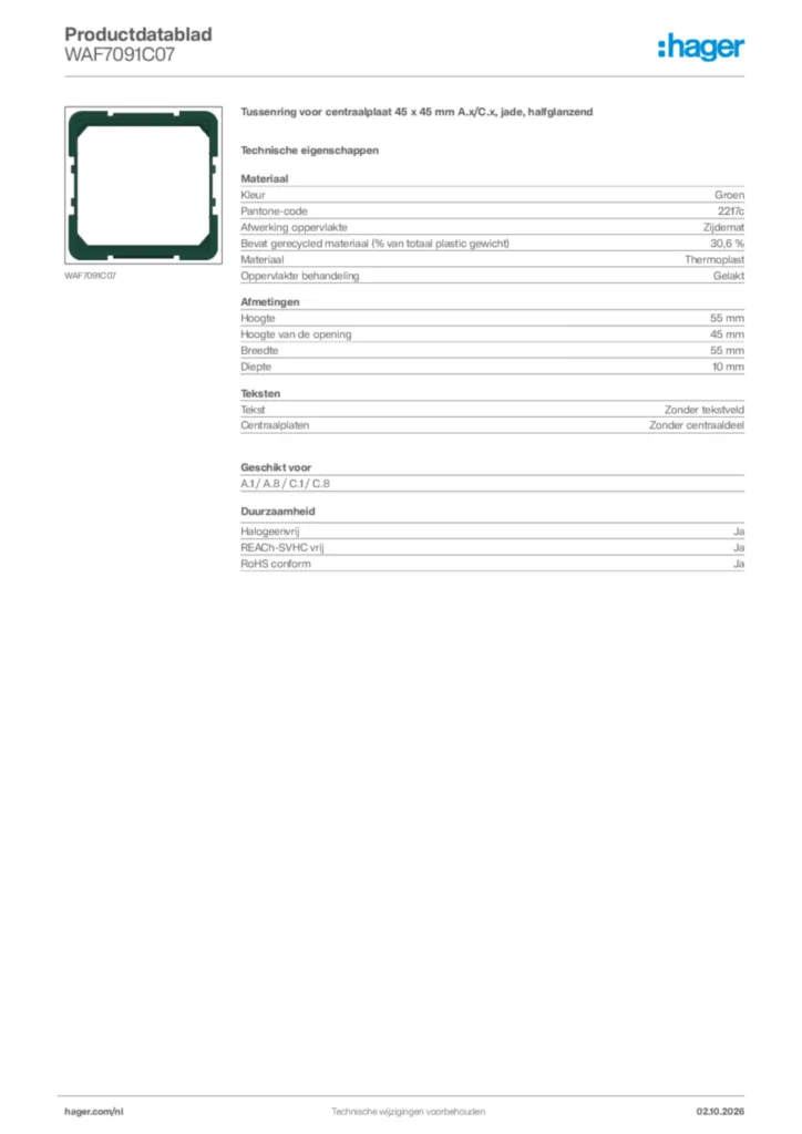 Afbeelding Hager Productdatablad WAF7091C07 | Hager Nederland