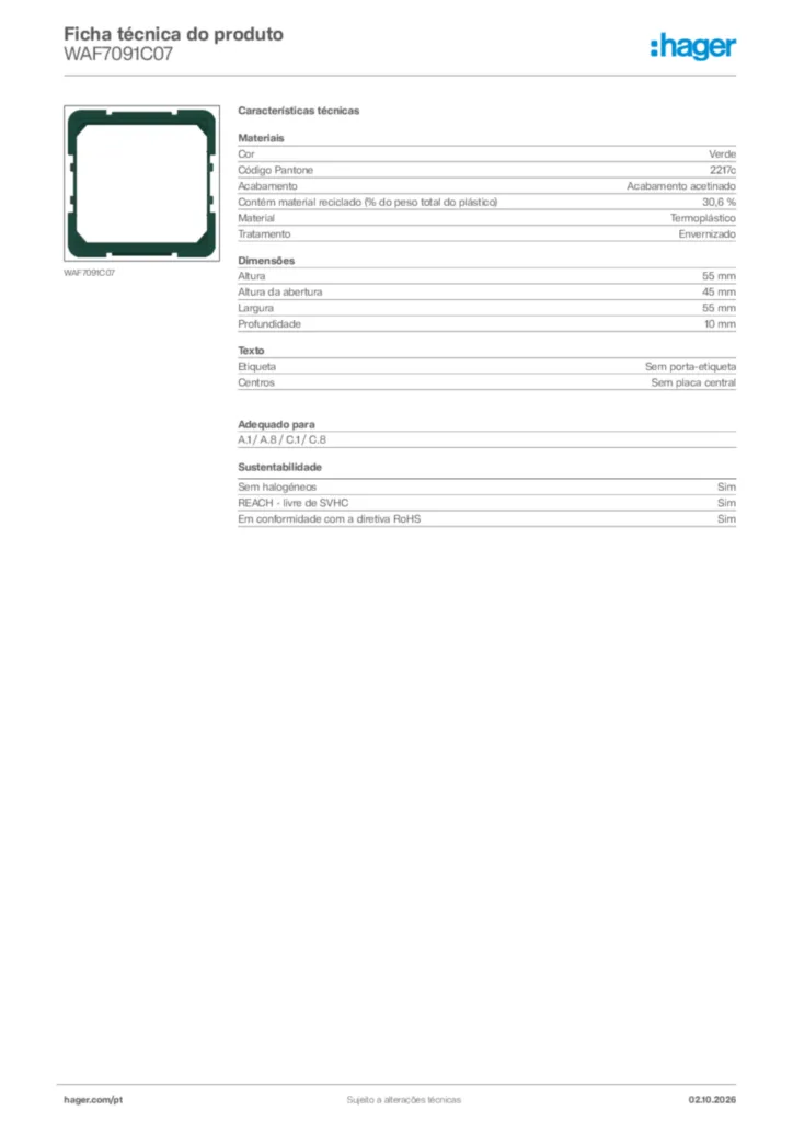 Imagem Hager Ficha técnica do produto WAF7091C07 | Hager Portugal