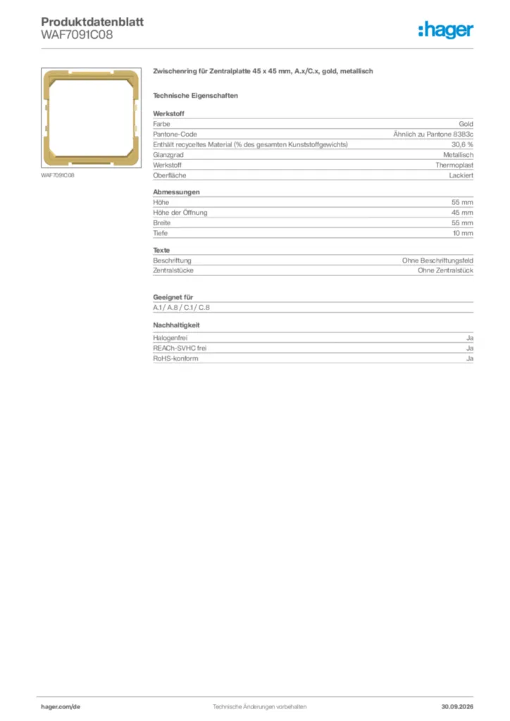 Bild Hager Produktdatenblatt WAF7091C08 | Hager Deutschland
