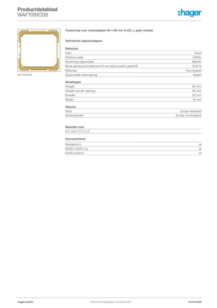 Afbeelding Hager Productdatablad WAF7091C08 | Hager Nederland