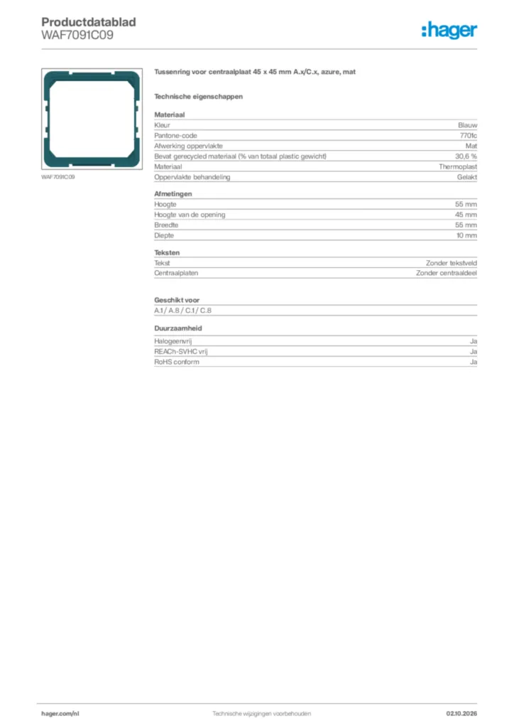 Afbeelding Hager Productdatablad WAF7091C09 | Hager Nederland