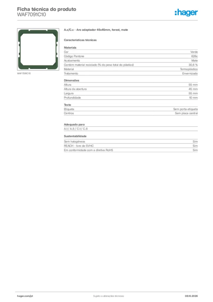 Imagem Hager Ficha técnica do produto WAF7091C10 | Hager Portugal