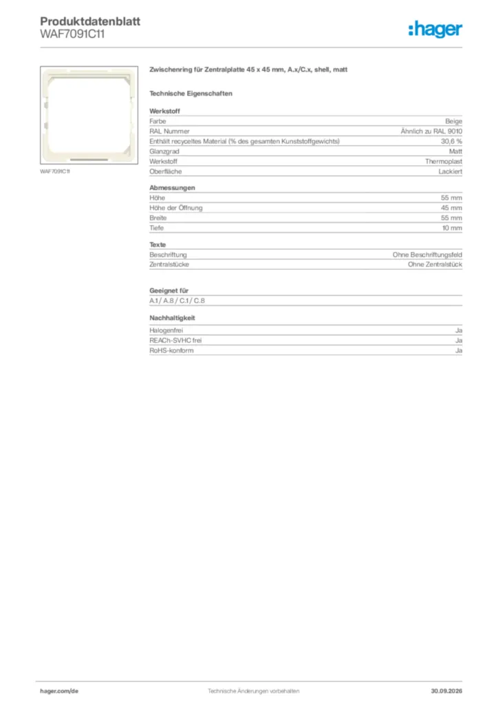 Bild Hager Produktdatenblatt WAF7091C11 | Hager Deutschland