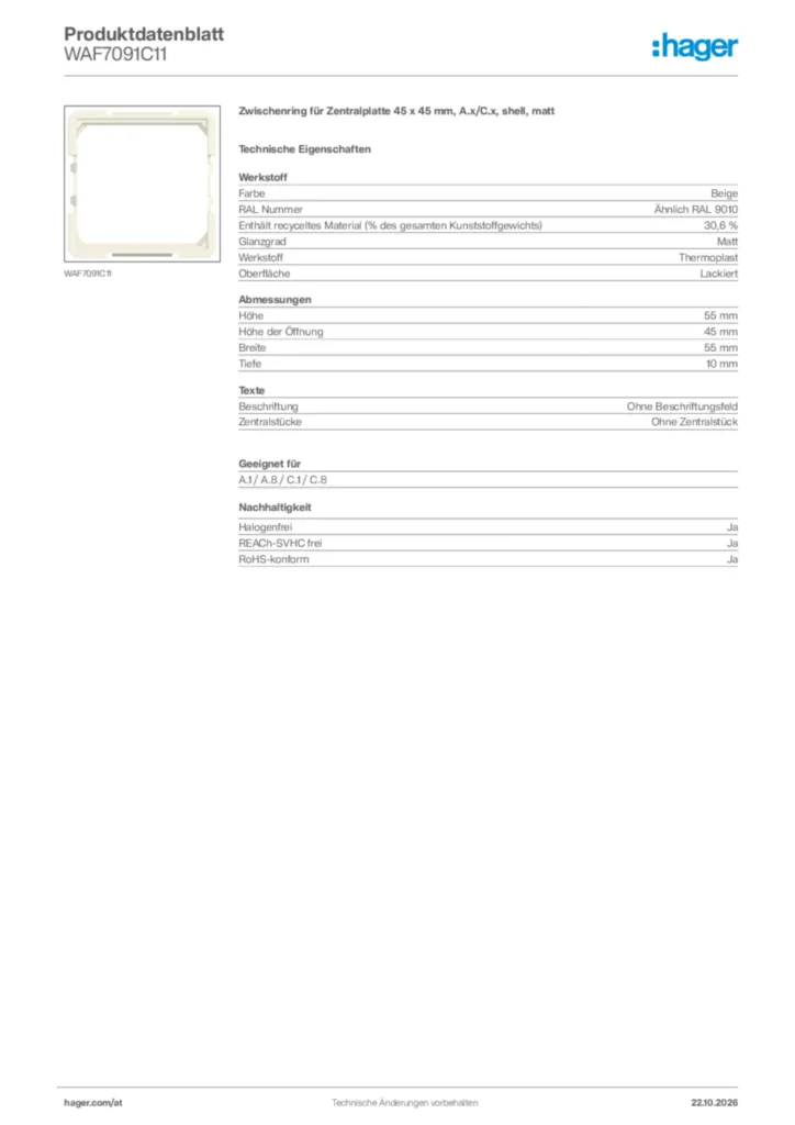 Bild Hager Produktdatenblatt WAF7091C11 | Hager Deutschland