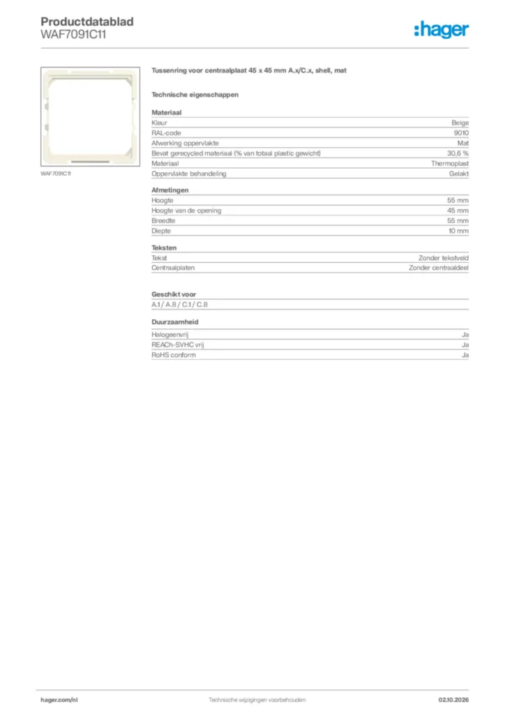 Afbeelding Hager Productdatablad WAF7091C11 | Hager Nederland