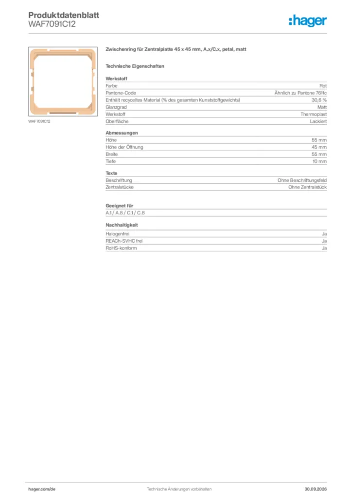 Bild Hager Produktdatenblatt WAF7091C12 | Hager Deutschland
