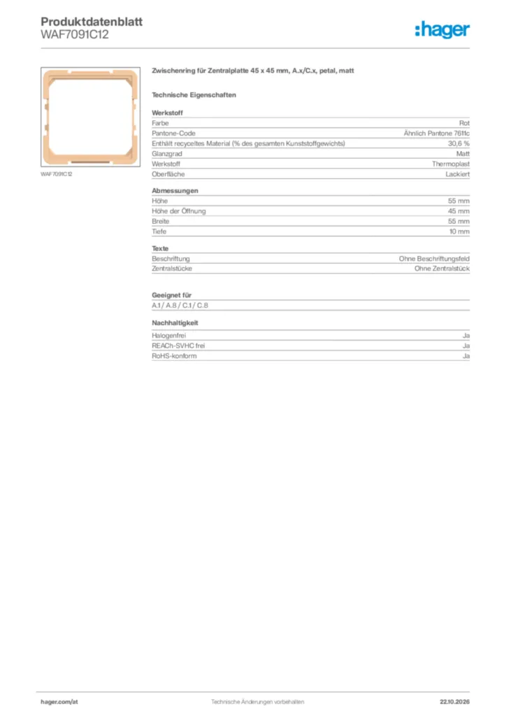 Bild Hager Produktdatenblatt WAF7091C12 | Hager Deutschland
