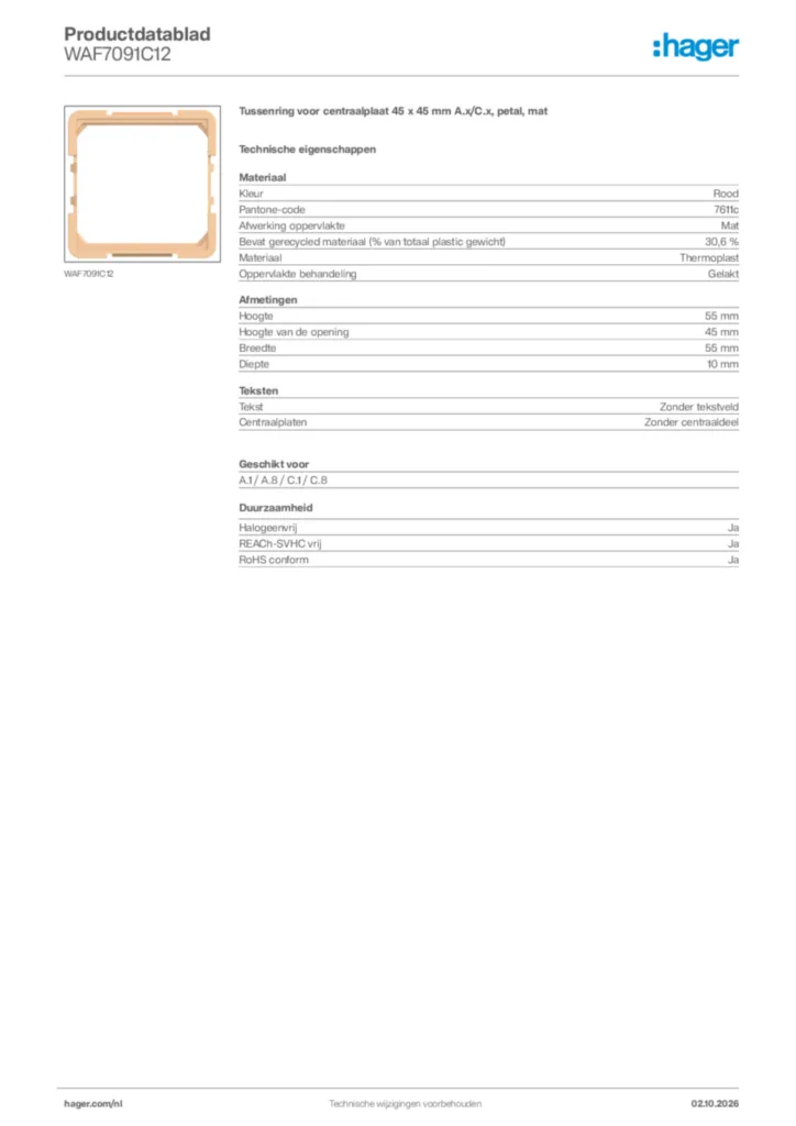 Afbeelding Hager Productdatablad WAF7091C12 | Hager Nederland