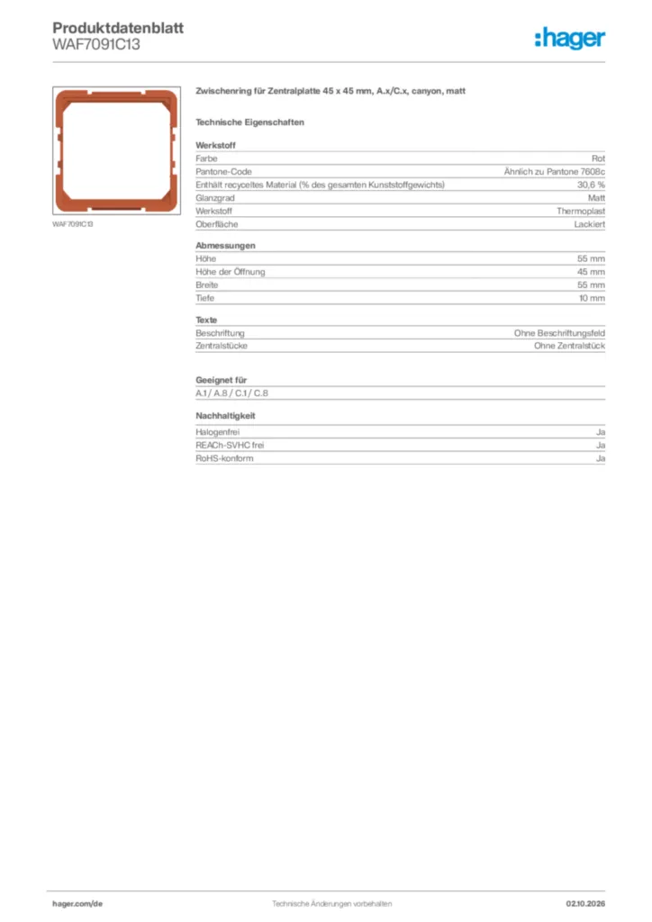 Bild Hager Produktdatenblatt WAF7091C13 | Hager Deutschland