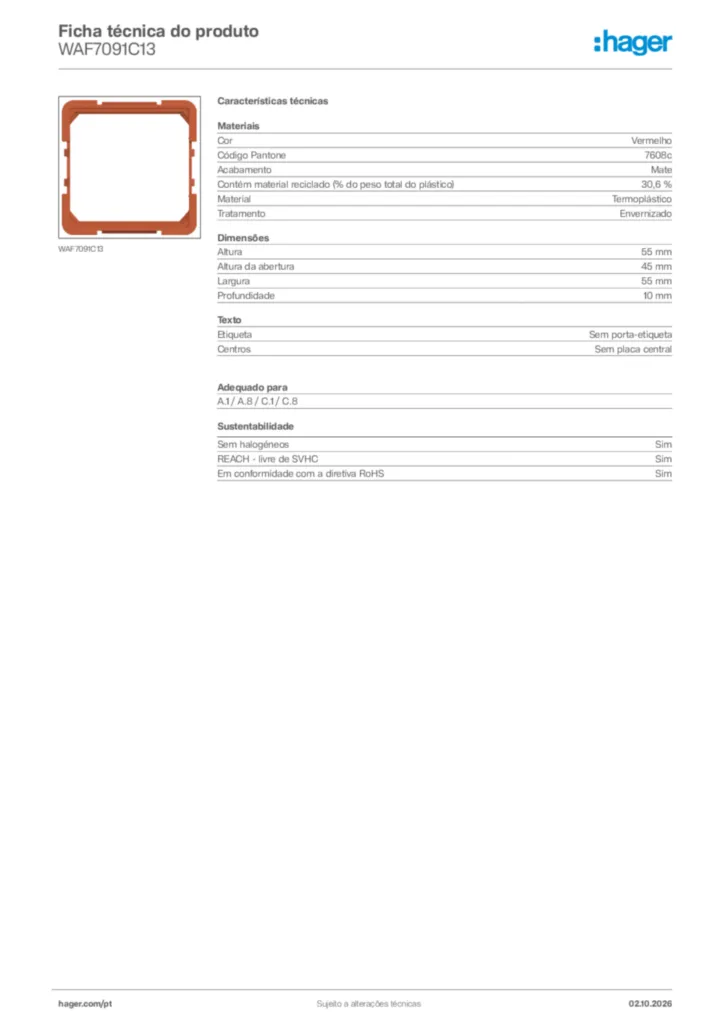 Imagem Hager Ficha técnica do produto WAF7091C13 | Hager Portugal