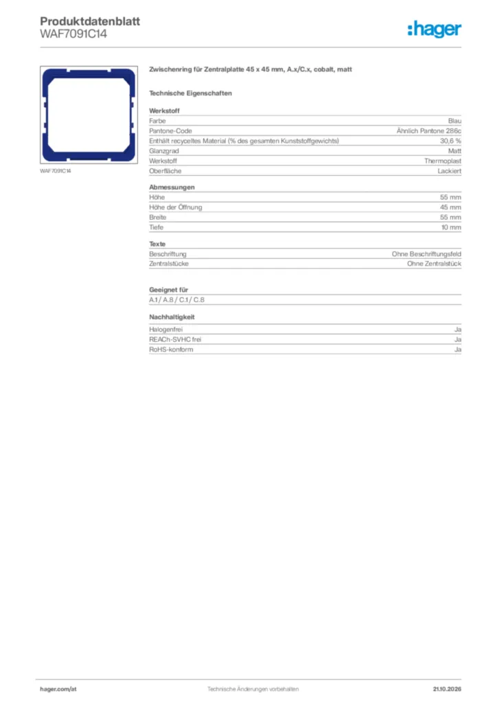 Bild Hager Produktdatenblatt WAF7091C14 | Hager Deutschland