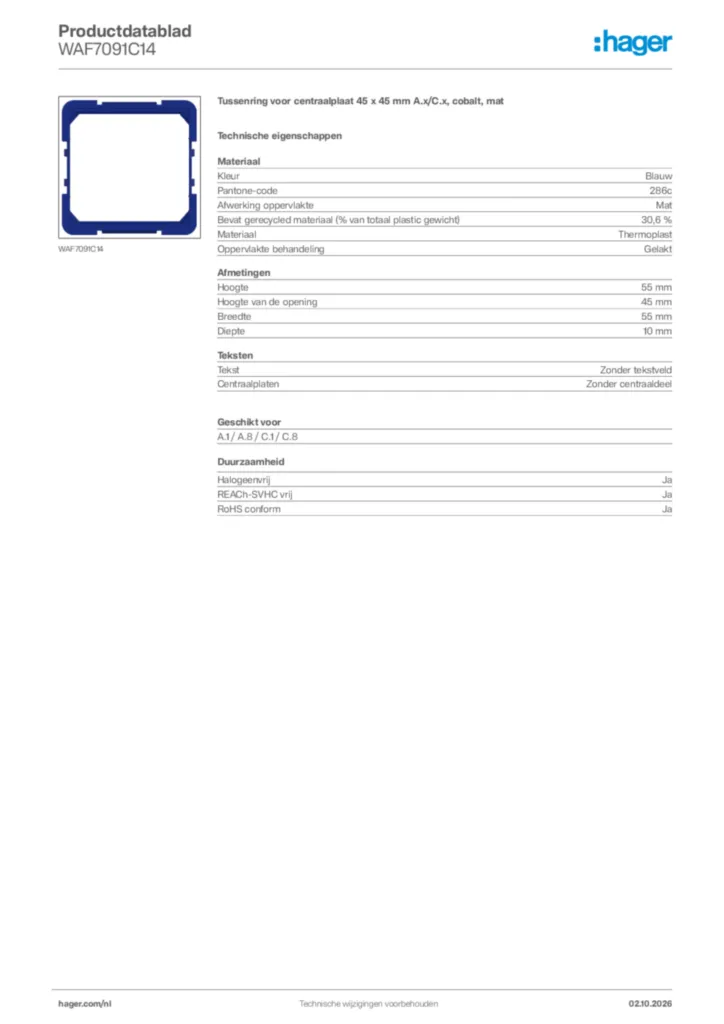 Afbeelding Hager Productdatablad WAF7091C14 | Hager Nederland