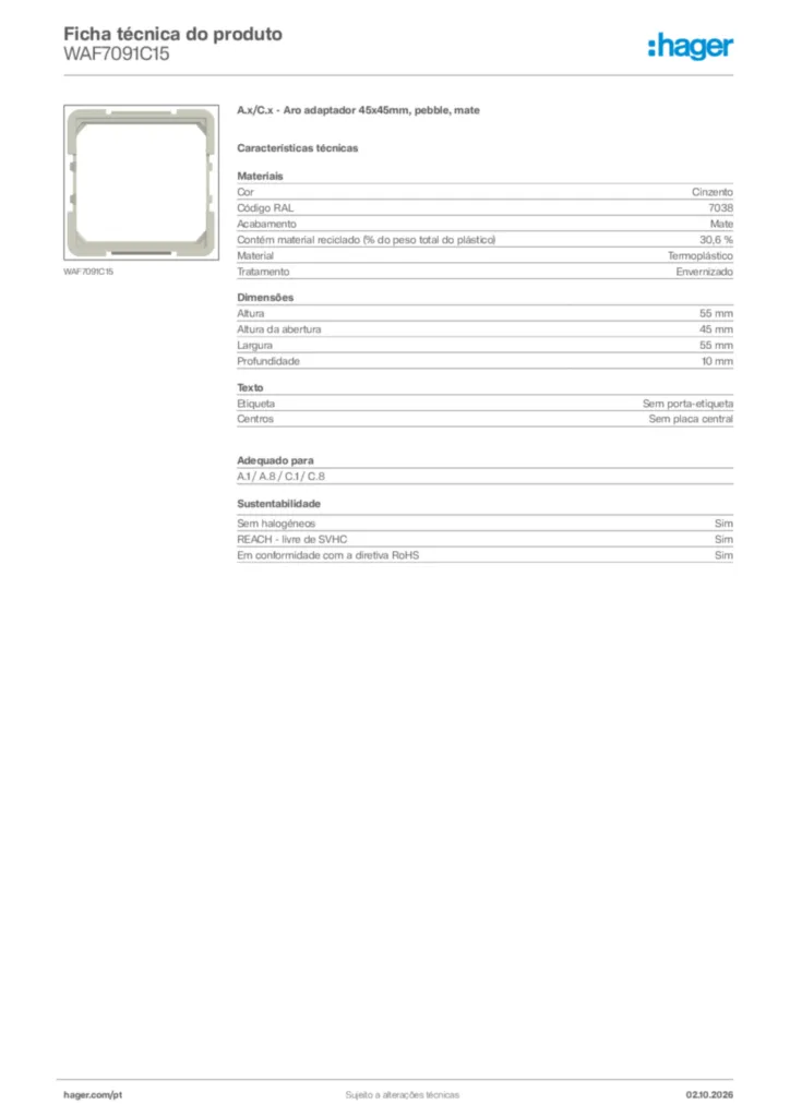 Imagem Hager Ficha técnica do produto WAF7091C15 | Hager Portugal