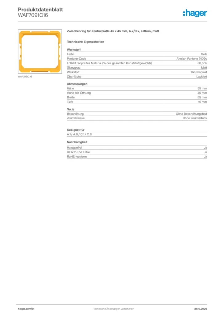 Bild Hager Produktdatenblatt WAF7091C16 | Hager Deutschland