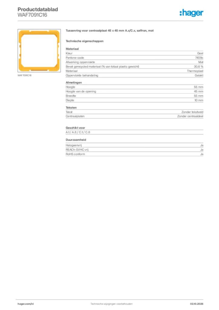 Afbeelding Hager Productdatablad WAF7091C16 | Hager Nederland