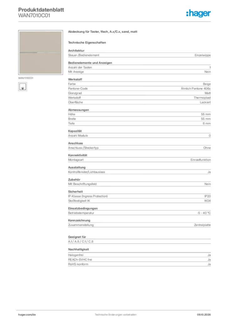 Bild Hager Produktdatenblatt WAN7010C01 | Hager Deutschland