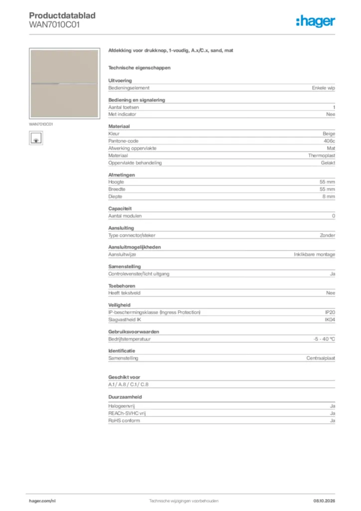 Afbeelding Hager Productdatablad WAN7010C01 | Hager Nederland