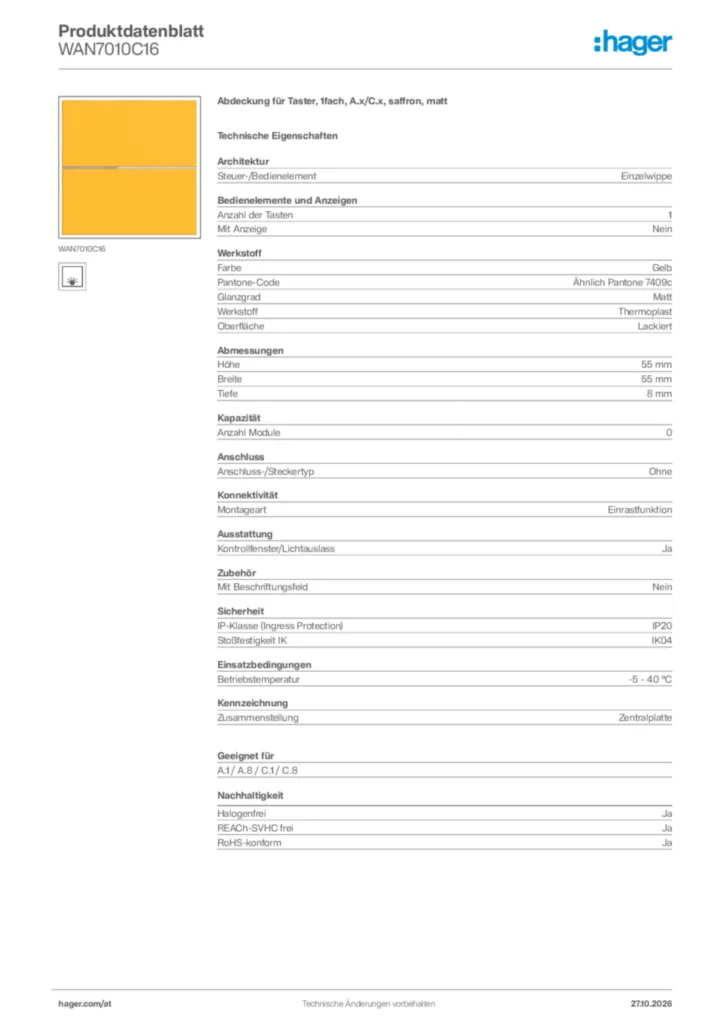 Bild Hager Produktdatenblatt WAN7010C16 | Hager Deutschland