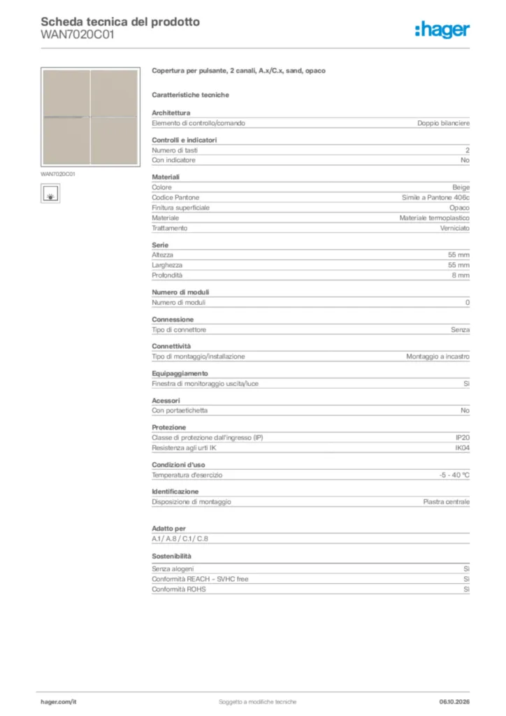 Immagine Hager Scheda tecnica del prodotto WAN7020C01 | Hager Italia